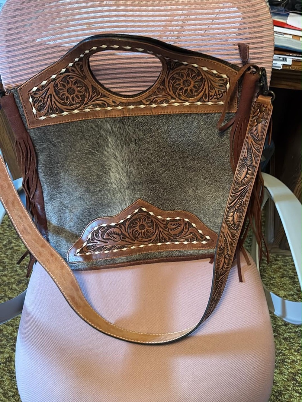 Hand-Tooled Leather & Hair-On Hide Tote Bag in Brown and Gray